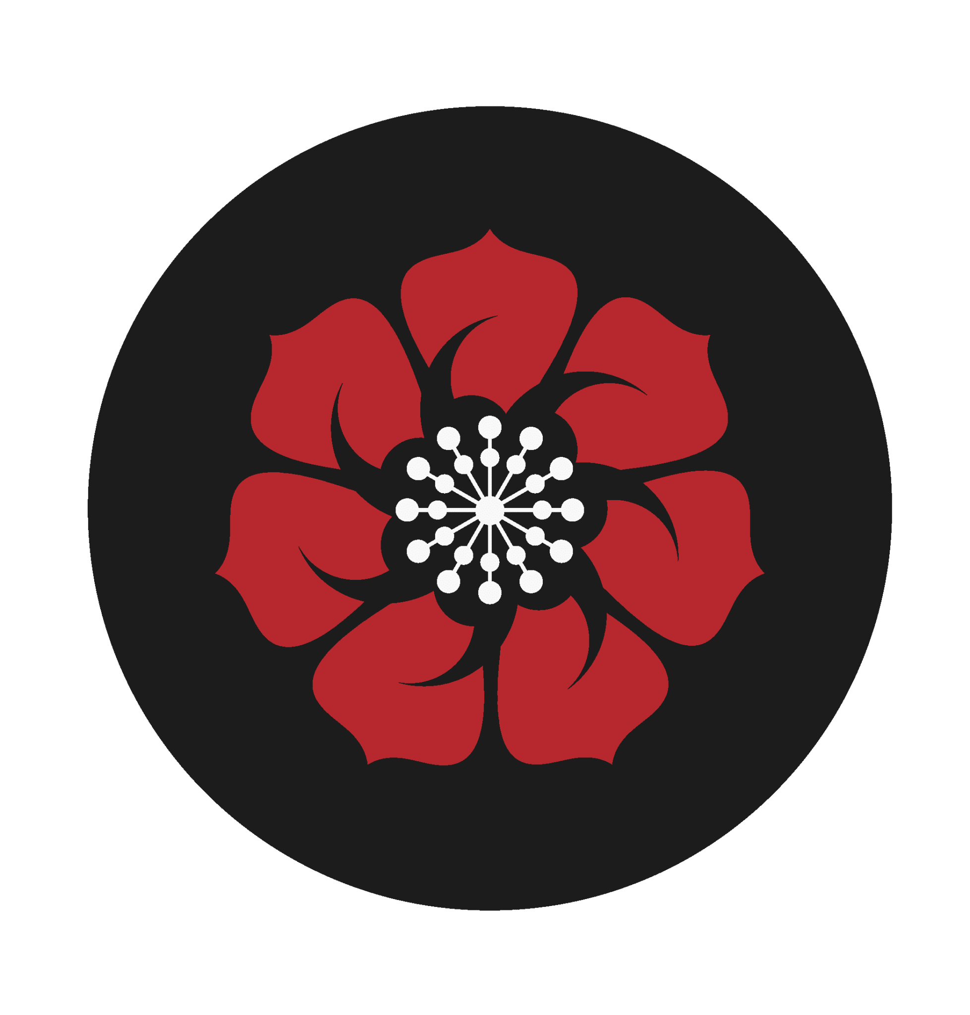 Logo fleur rouge stylisée sur fond noir circulaire