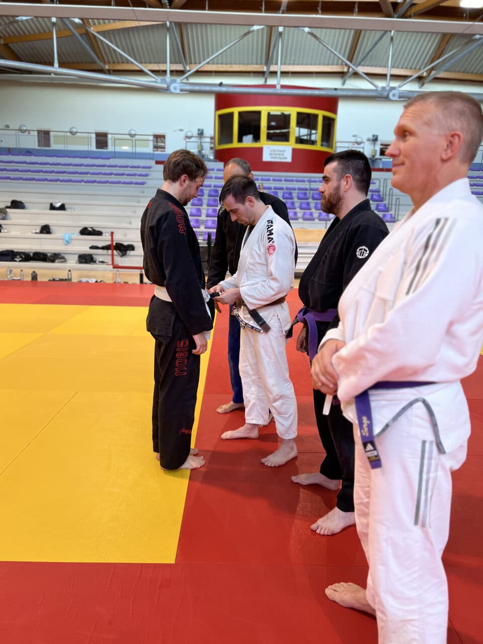 Pratiquants de jiu-jitsu brésilien sur tatami lors d'un entraînement